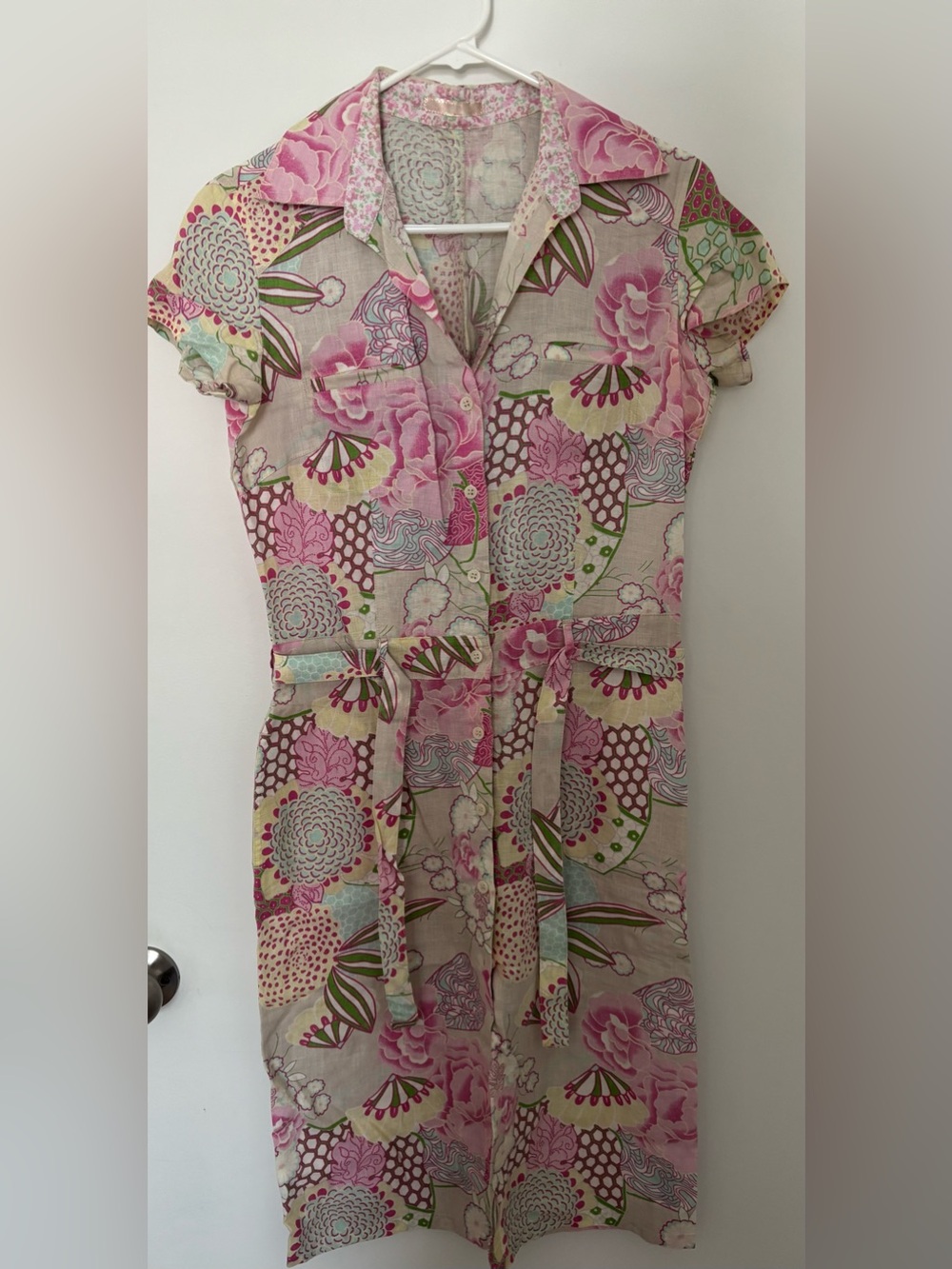 Vintage Brand Hirsch Floral Linen Dress in Pink & Beige - Size Medium / EU 36